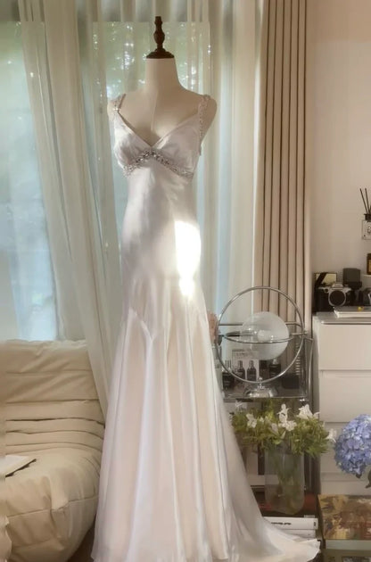 Elegant Mermaid Strap Beaded White Satin Long Prom Dress Graduation Prom Dress SH2526