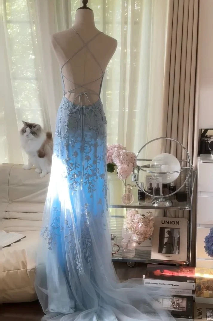 Baby Blue A Line Spaghetti Straps Appliques Tulle Long Prom Dress Graduation Prom Dress SH2515