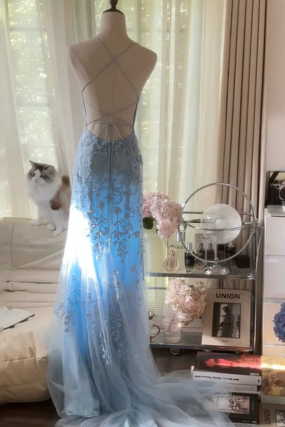 Baby Blue A Line Spaghetti Straps Appliques Tulle Long Prom Dress Graduation Prom Dress SH2515