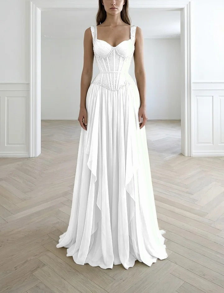 Graceful Sleeveless Wide Straps Beaded Ruffles Long Evening Dress