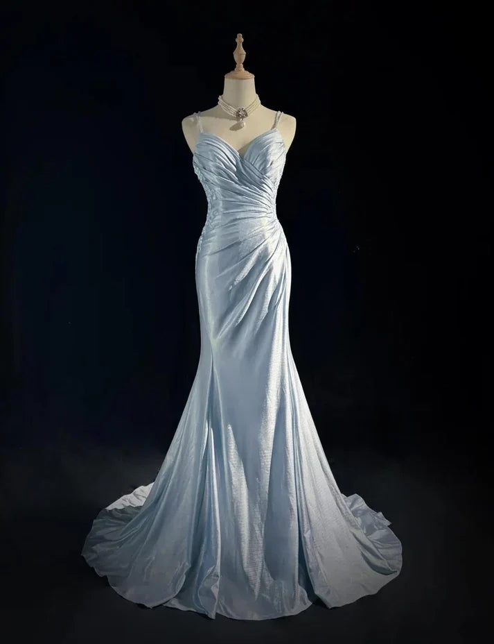 Gentle Mermaid Spaghetti Straps Appliques Blue Satin Long Party Dress Evening Dress SH2801