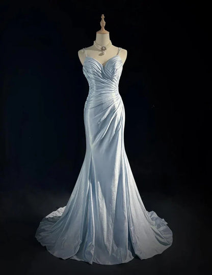 Gentle Mermaid Spaghetti Straps Appliques Blue Satin Long Party Dress Evening Dress SH2801