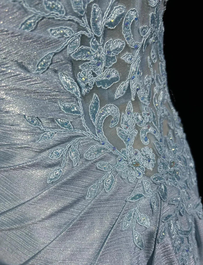 Gentle Mermaid Spaghetti Straps Appliques Blue Satin Long Party Dress Evening Dress SH2801