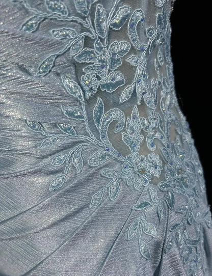Gentle Mermaid Spaghetti Straps Appliques Blue Satin Long Party Dress Evening Dress SH2801