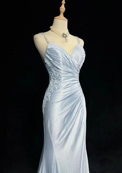 Gentle Mermaid Spaghetti Straps Appliques Blue Satin Long Party Dress Evening Dress SH2801