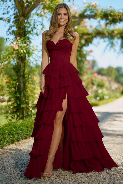 Elegant Daffodil Chiffon Strapless Sleeveless Applique Prom Dress with Ruffles