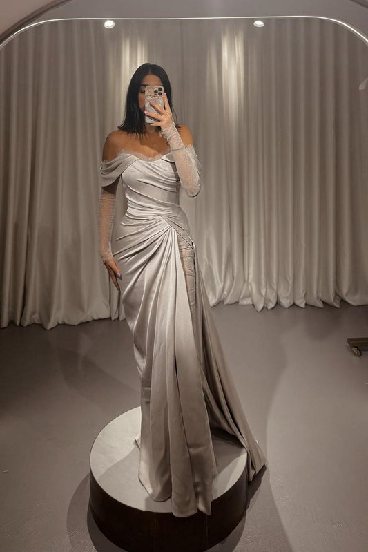 Stunning Silver Satin Strapless Off the Shoulder Long Sleeves Prom Dress with Pleated