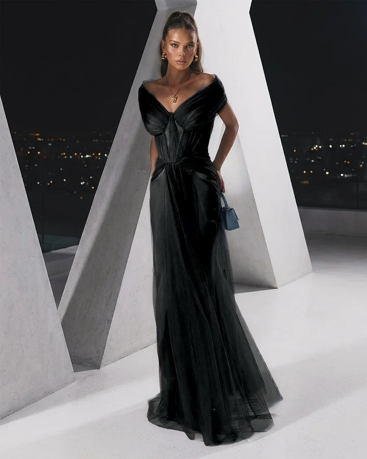 Flowing Dusty Blue Off-The-Shoulder Pleated Long Tulle Evening Dress