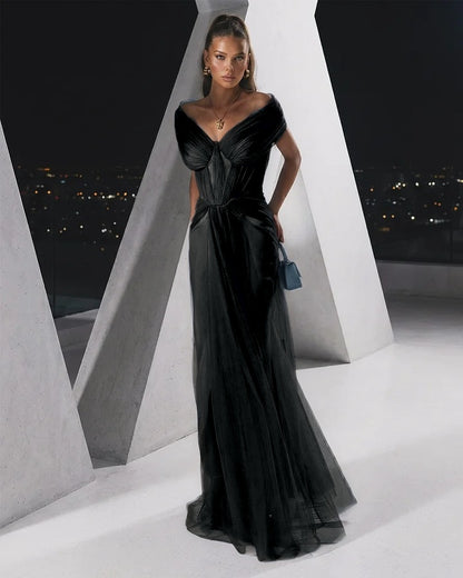 Flowing Dusty Blue Off-The-Shoulder Pleated Long Tulle Evening Dress