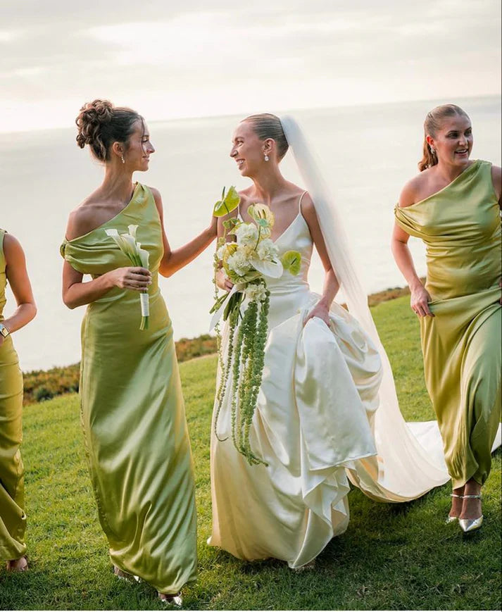 Gentle A Line Straps Green Satin Long Bridesmaid Dress Evening Dress SH2802