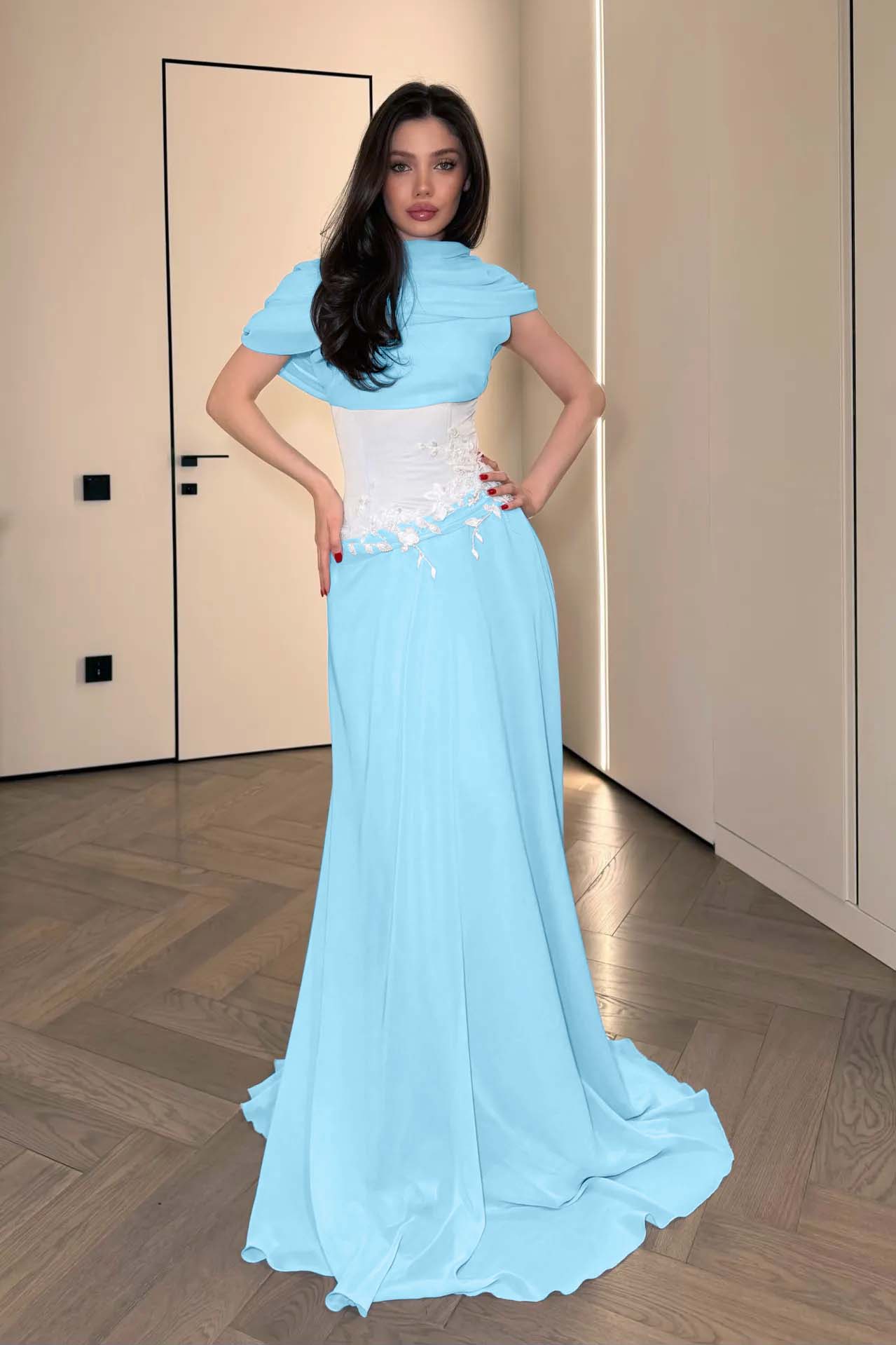 Stunning Chiffon Pleated Embroidery Evening Dress with Draped Shawl Neck