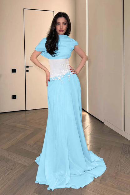 Stunning Chiffon Pleated Embroidery Evening Dress with Draped Shawl Neck
