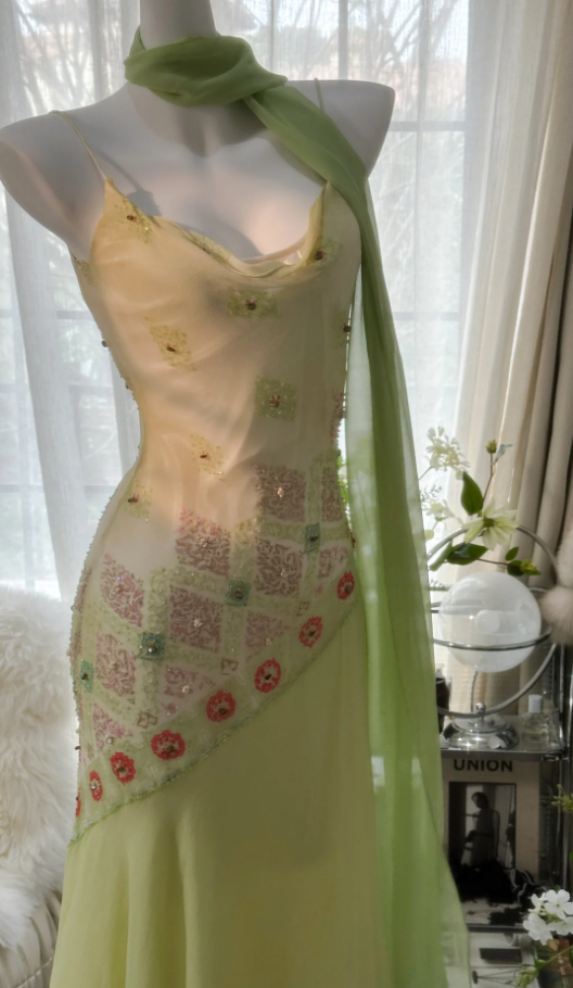 Classy Spaghetti Straps Light Green Chiffon Beaded Mermaid Long Party Dress Evening Gown D1790