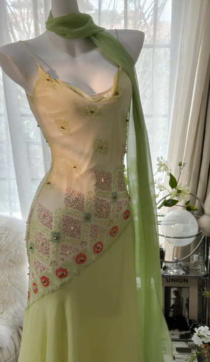 Classy Spaghetti Straps Light Green Chiffon Beaded Mermaid Long Party Dress Evening Gown D1790