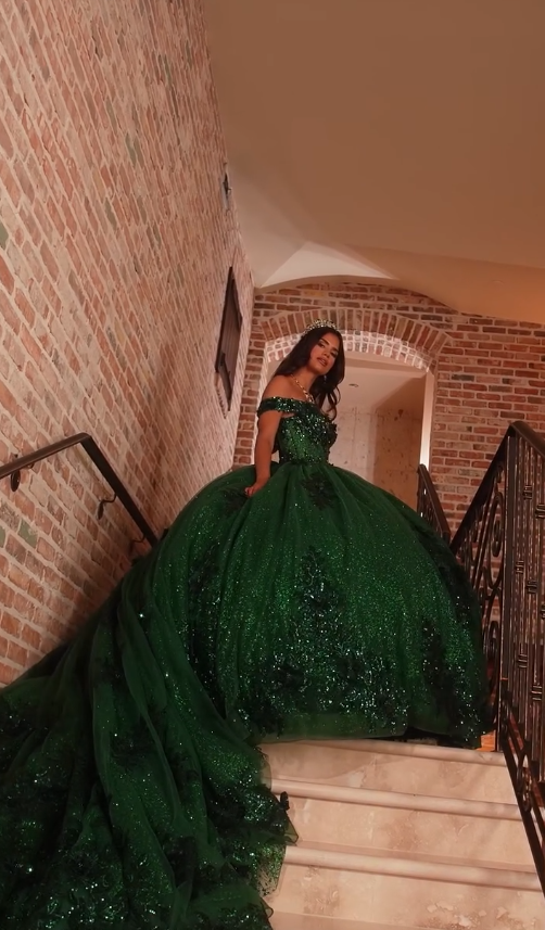 Dark Green Sequin Tulle Applique Long Prom Dress Quinceanera Dress Ball Gown SH5181
