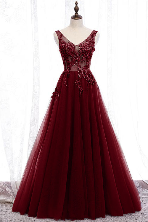Purple Applique Long A-line Prom Dress With V-Neck Open Back