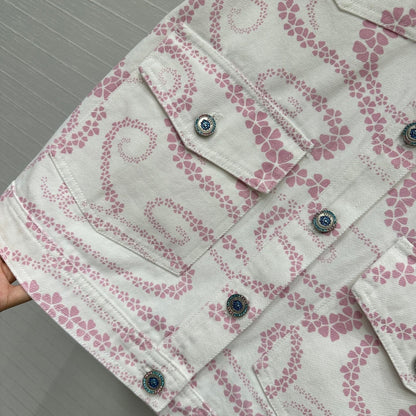 CC 25 Printed Denim Vest Jacket Pink White Cotton
