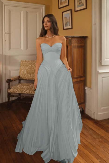 White A Line Strapless Sleeveless Long Dress with Pleated