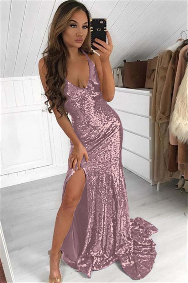 Dark Navy Sequins Prom Dress Modern V-Neck