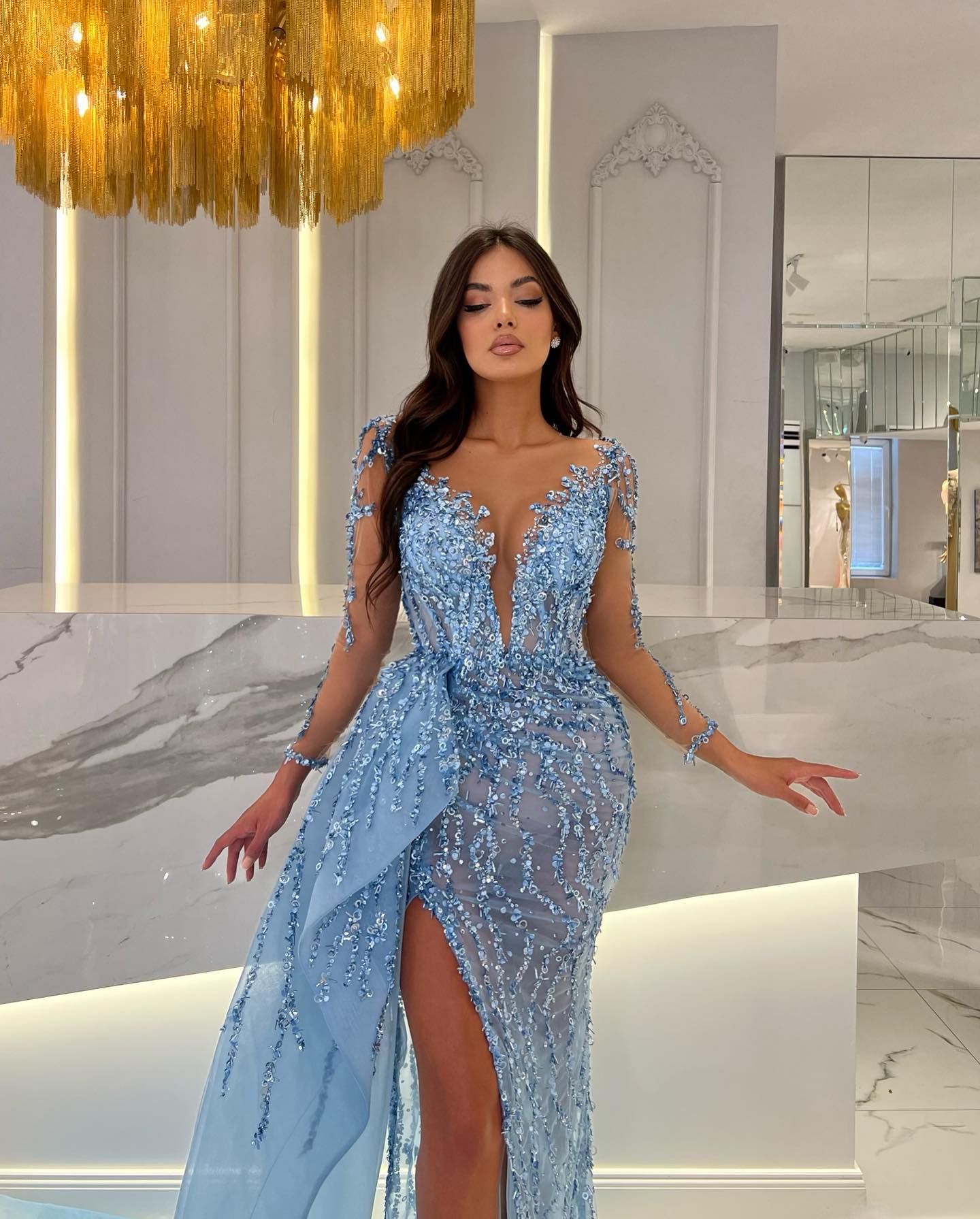 Shiny Blue Slit Mermaid Beaded Prom Dress Appliques Tulle With Long Sleeves