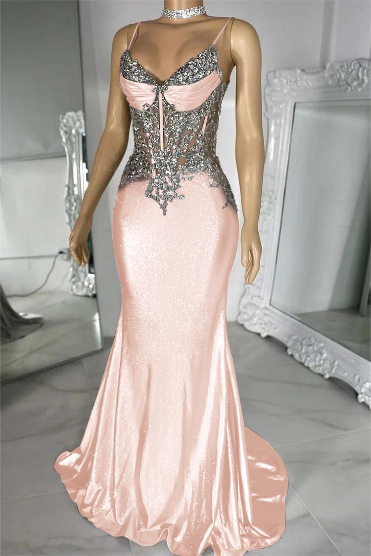 Spaghetti Strap Sleeveless V-Neck Mermaid Long Prom Dress With Sequins