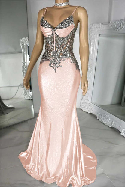Spaghetti Strap Sleeveless V-Neck Mermaid Long Prom Dress With Sequins