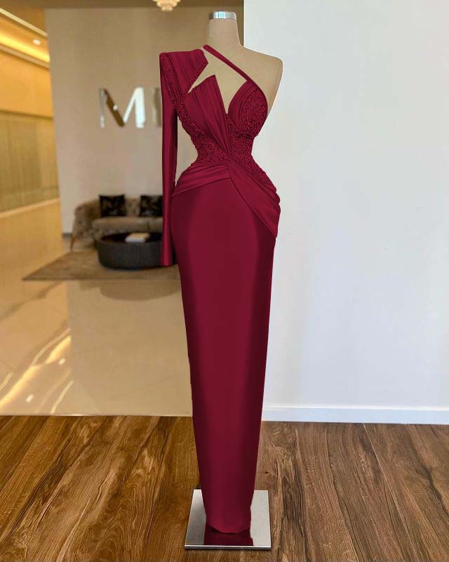 Noble Fuchsia One Shoulder Long Sleeve  Mermaid Evening  Dress With Beads