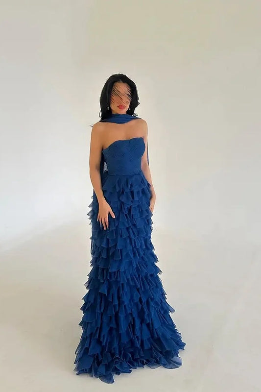 Classic Royal Blue Straight Across Sleeveless Pleated Evening Dress With Scarf
