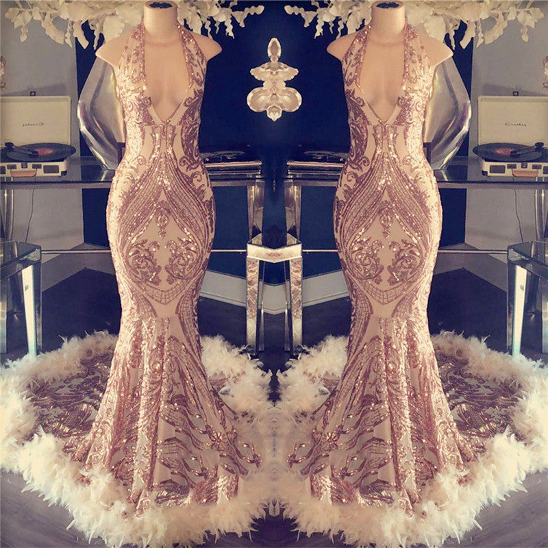 Mermaid Sequins Halter Prom Dress Open Back