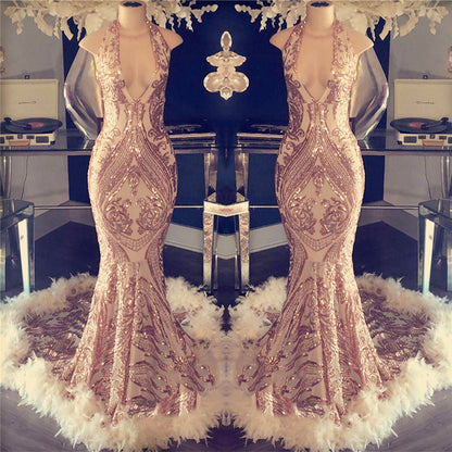 Mermaid Sequins Halter Prom Dress Open Back