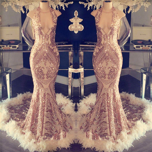Mermaid Sequins Halter Prom Dress Open Back