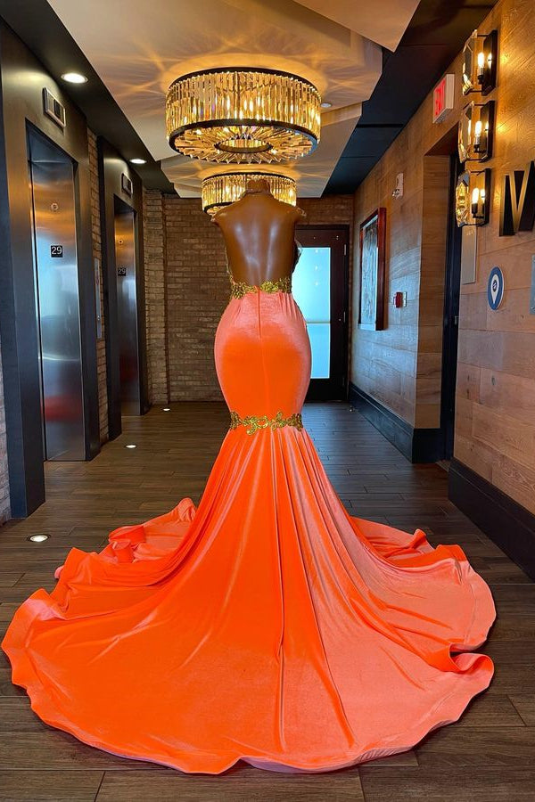 Sleeveless Orange Mermaid Elegant Prom Dress Appliques With Beads