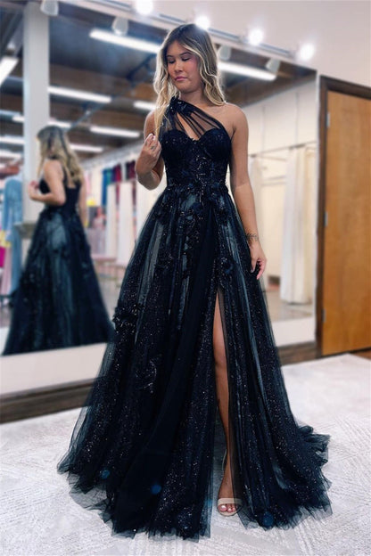 Black A Line Evening Dress With Flowers Appliques