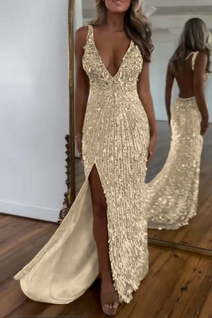Charming Gold Sequins Spaghetti Strap Sleeveless V Neck Long Prom Dress with Split