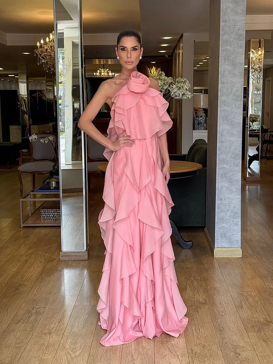 Dreamy Pink Halter Backless Sleeveless Ruffles Handmade Flower Evening Dress