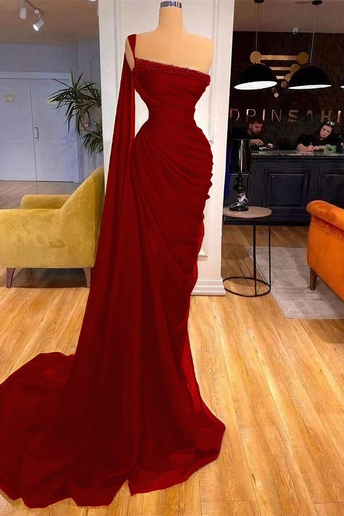 One Shoulder Mermaid Ideal Black Prom Dress With Beads