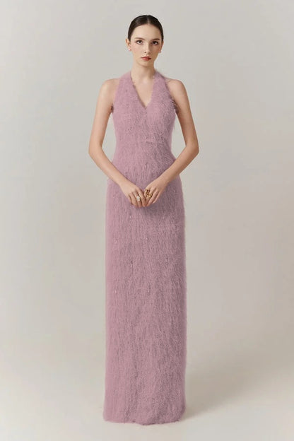 Sleeveless Halter Straps V-Neck Feathered Mermaid Evening Dress with Pearl Details