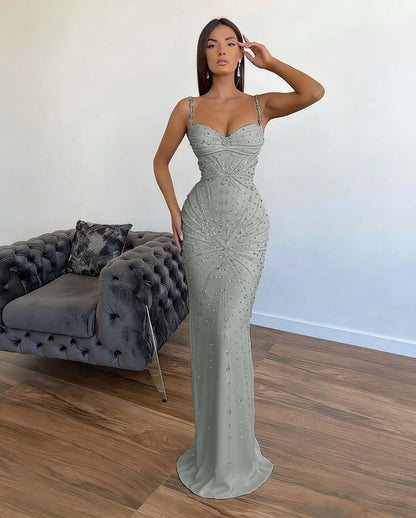 Chic Sleeveless Mermaid Beading Spaghetti Strap Black Prom Dress