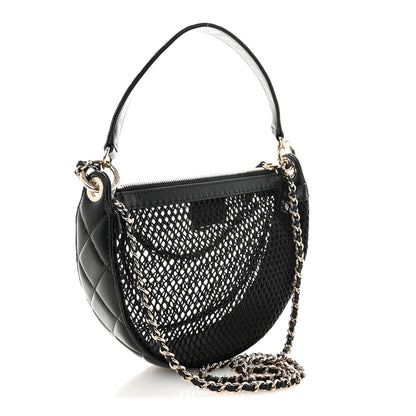 Mesh Shiny Lambskin Chain Hobo Black