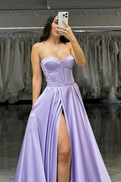 Simple Lilac Satin Strapless Sleeveless Long Pleated Prom Dress with Split