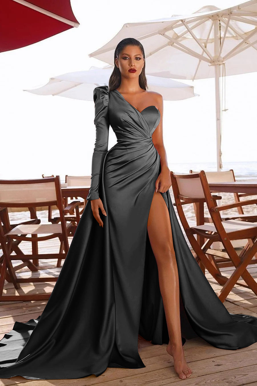 Glamorous One Shoulder Long Sleeves Prom Dres With Slit
