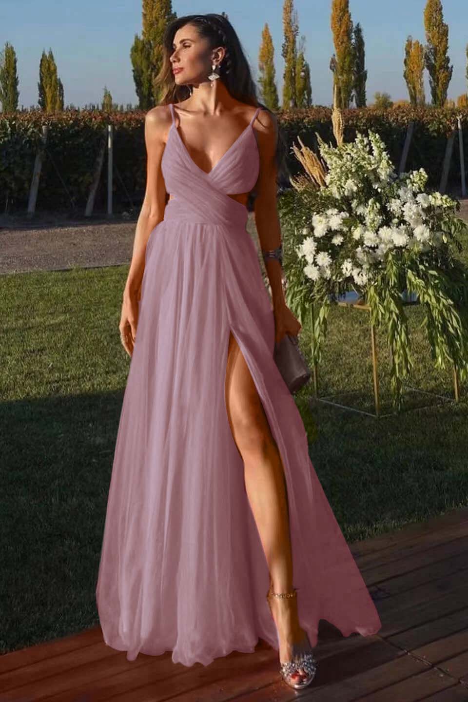 Fuchsia Spaghetti-Straps A Line Prom Dress Tulle With Split