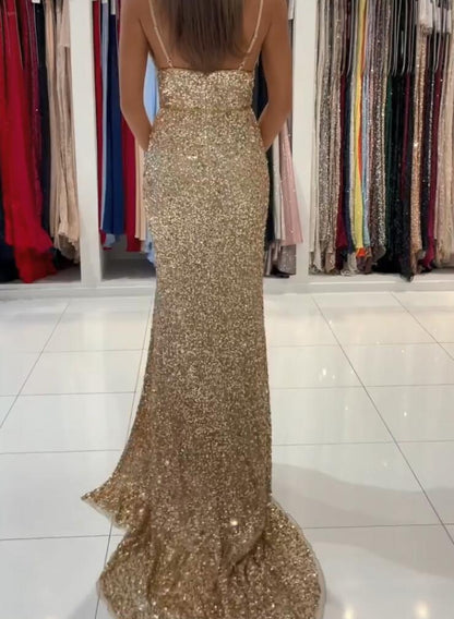 Gold Mermaid Prom Dress Sequins With Slit