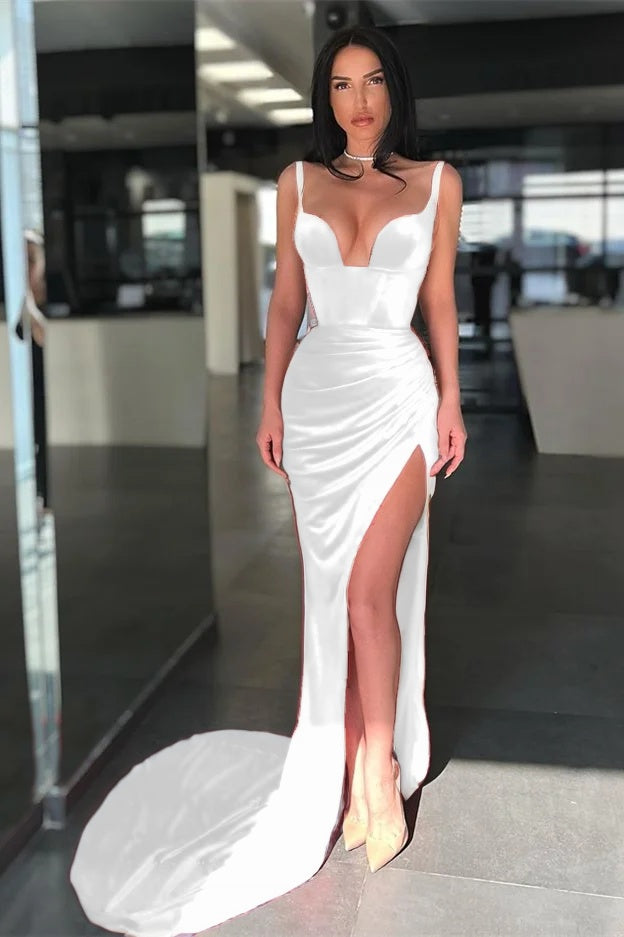 Spaghetti Strap Red Long Mermaid Evening Dress With Slit