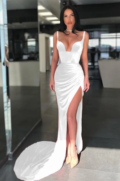 Spaghetti Strap Red Long Mermaid Evening Dress With Slit