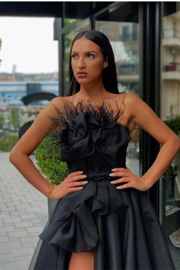 Long Black Prom Dress Slit With Feather