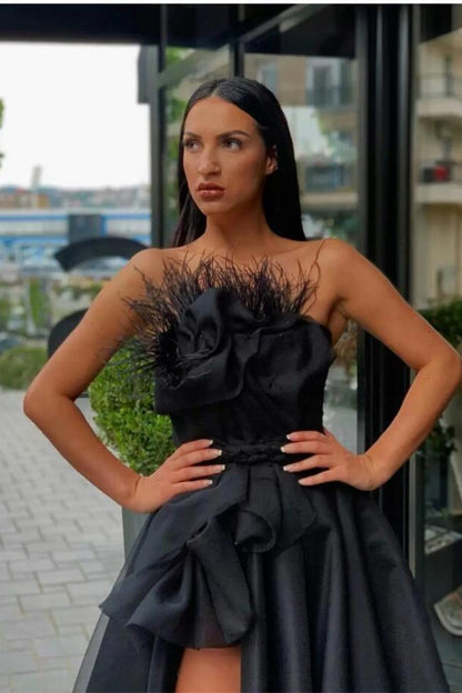 Long Black Prom Dress Slit With Feather