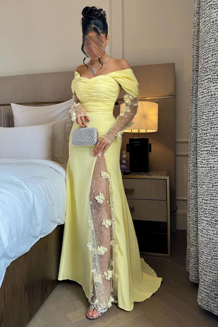 Chic Daffodil Satin Long Sleeves Off the Shoulder Pleated Prom Dress with Sequins
