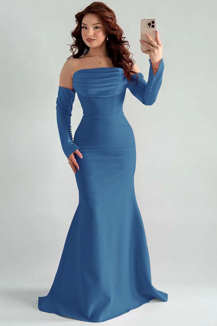 Square Strapless Mermaid Long Sleeves Prom Dress With Pleated