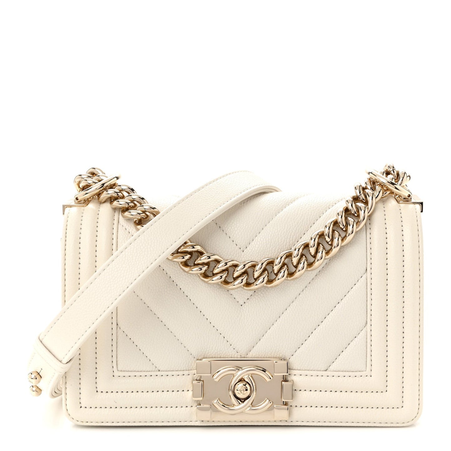 Caviar Chevron Quilted Small Boy Flap White